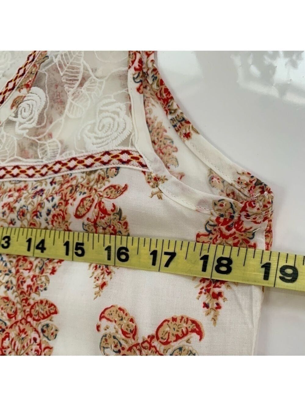 JENNIFER TAYLOR multicolor boho print lace yoke festival sleeveless tie neck top - Picture 8 of 10